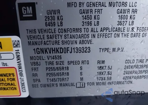 2015 Chevrolet Traverse 2Lt from USA, damaged, VIN 1GNKVHKD0FJ139323